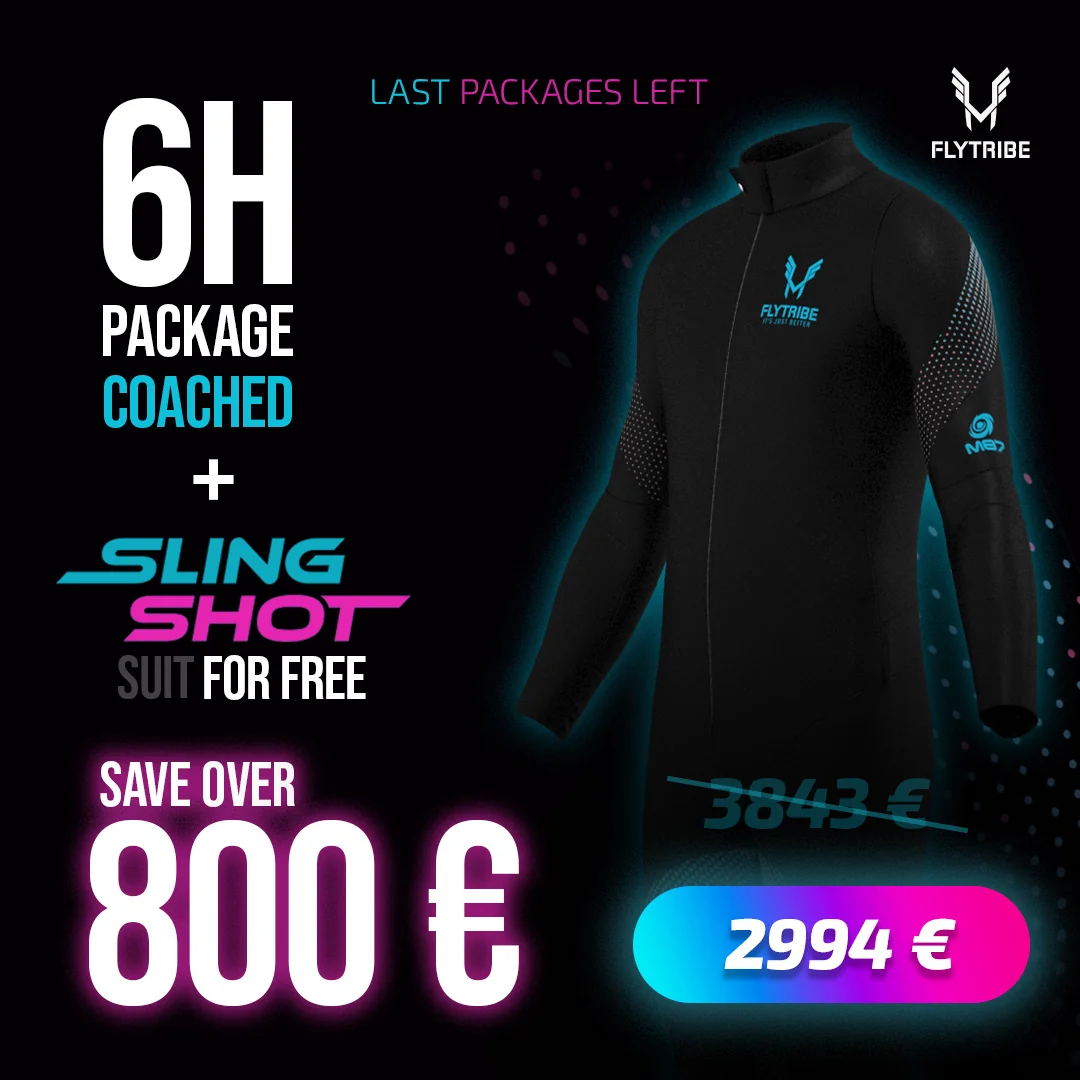 A FlyTribe M87 Sling Shot suit. Six coached hours of tunnel time plus a free suit, 2994 euros, down from 3843 euros — a saving of over 800 euros. Last packages left.